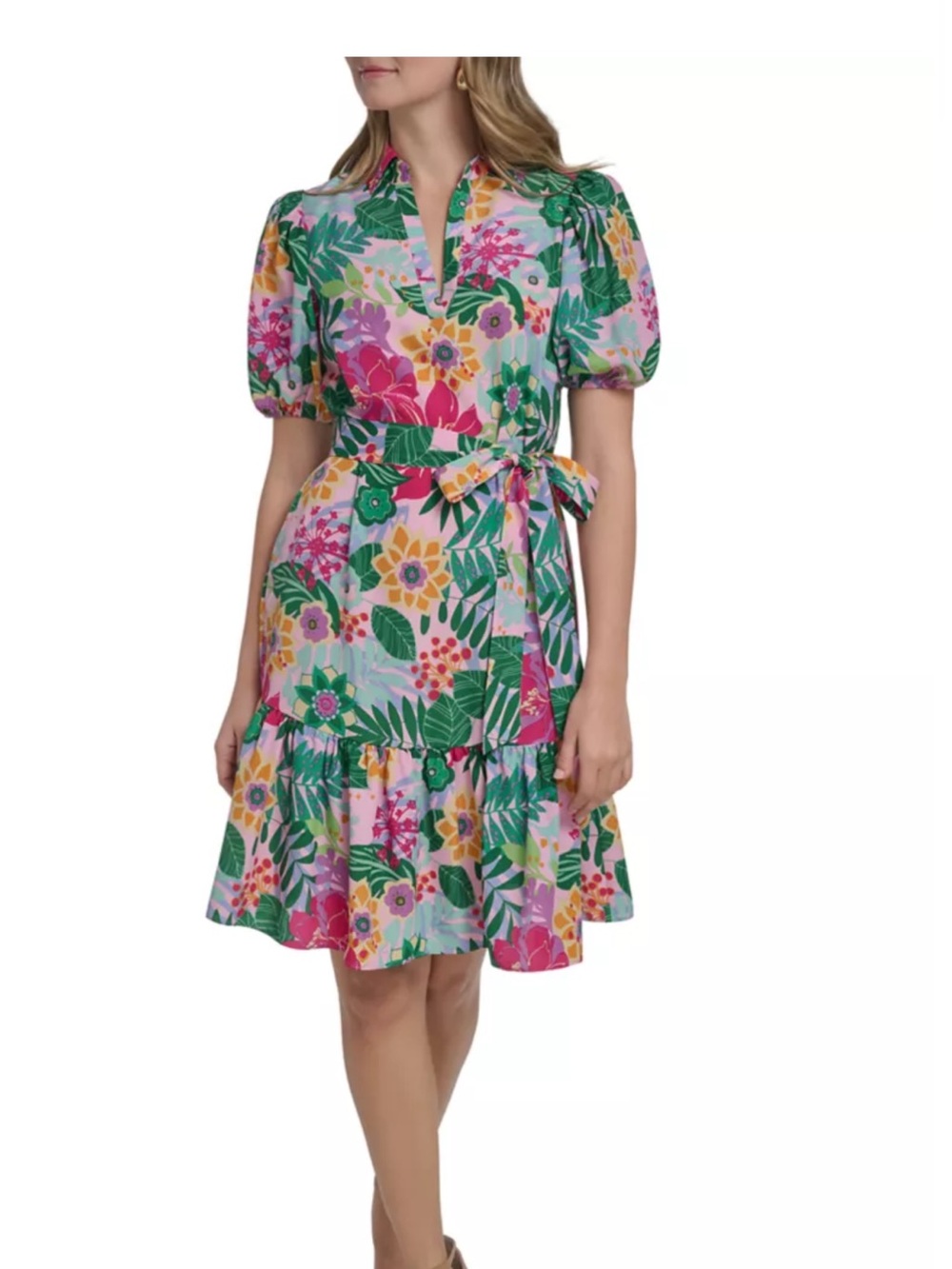 Jessica Howard Pink Green Floral Puff Sleeve Tie-Waist Dress